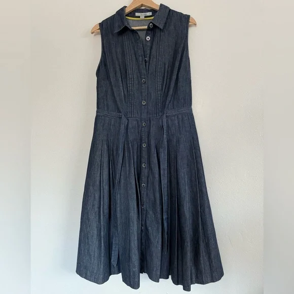 Boden denim dress Midi Pleated Button Down Dark Wash Belted sizes 14L NWOT - Picture 5 of 9